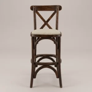 Banco para barra Crossback de madera de pino, asiento tapizado. Ideal para bares y sector Horeca.