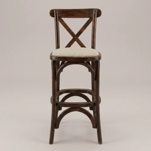 Banco para barra Crossback de madera de pino, asiento tapizado. Ideal para bares y sector Horeca.