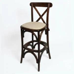 Banco para barra Crossback de madera de pino, asiento tapizado. Ideal para bares y sector Horeca.