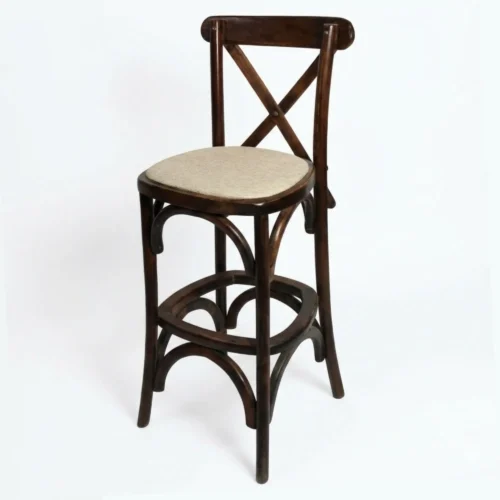 Banco para barra Crossback de madera de pino, asiento tapizado. Ideal para bares y sector Horeca.