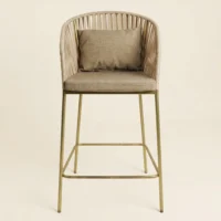 Banco para Barra Malibú, respaldo tejido en polipropileno, asiento de metal con cojín desmontable, tapizado en tela o vinipiel. Varios colores, no apilable, para interior.