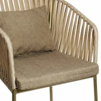 Banco para Barra Malibú, respaldo tejido en polipropileno, asiento de metal con cojín desmontable, tapizado en tela o vinipiel. Varios colores, no apilable, para interior.