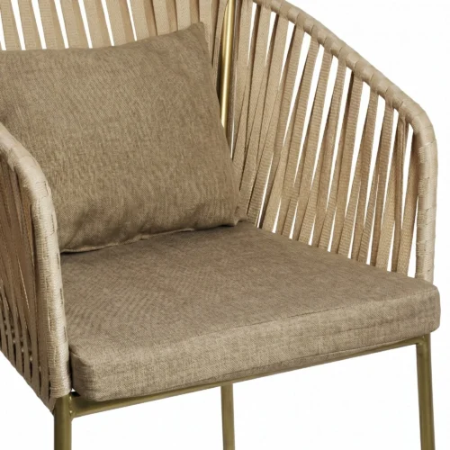 Banco para Barra Malibú, respaldo tejido en polipropileno, asiento de metal con cojín desmontable, tapizado en tela o vinipiel. Varios colores, no apilable, para interior.