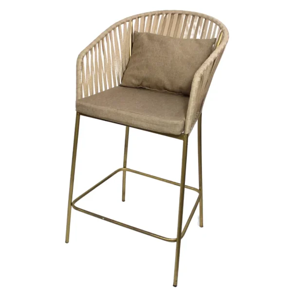 Banco de acero tubular, respaldo tejido en polipropileno, asiento de metal con cojín desmontable, tapizado en tela, vinipiel o petatillo, varios colores, no apilable, para interior.
