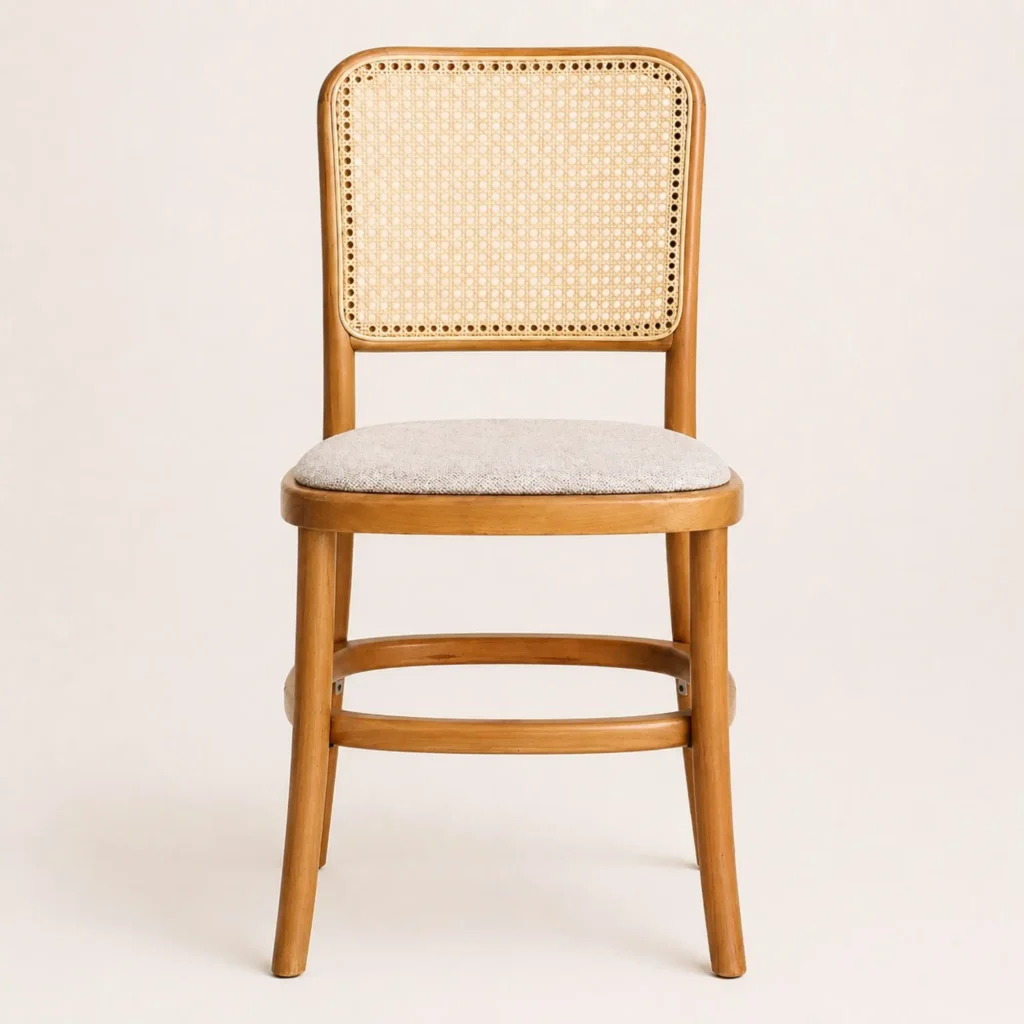 Silla Felisa de madera de pino para eventos y restaurantes. Respaldo en bejuco y asiento tapizado.