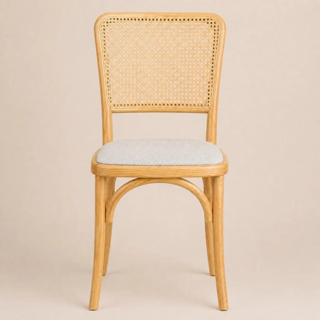 Silla Frida de madera de pino con respaldo en bejuco y asiento tapizado