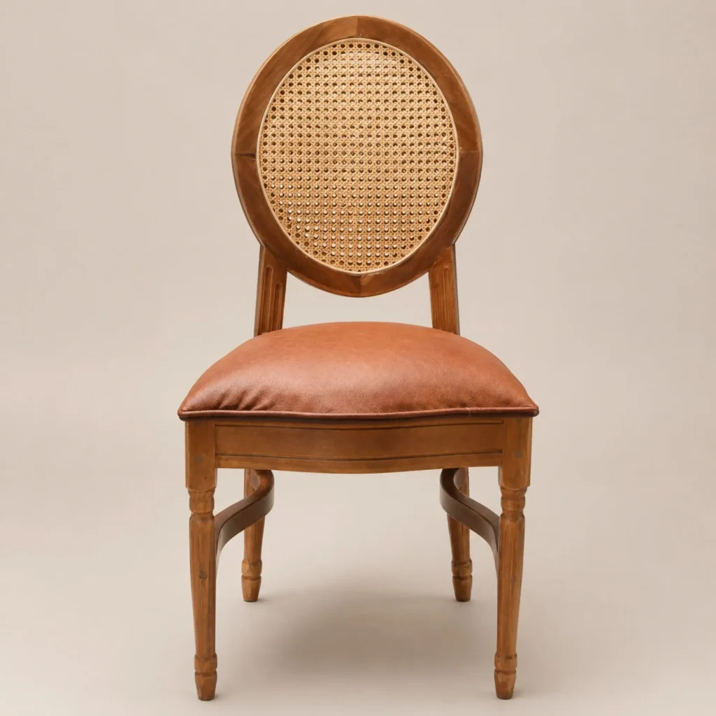 Silla Luis XV de madera de pino para eventos. Asiento tapizado y respaldo en bejuco