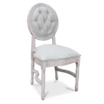 Silla Luis XV de madera de pino para eventos. Asiento tapizado y respaldo capitoneado