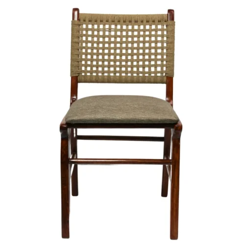 Silla Argelia de madera de pino con respaldo de celulosa natural y asiento tapizado, no apilable