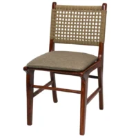 Silla Argelia de madera de pino con respaldo de celulosa natural y asiento tapizado, no apilable