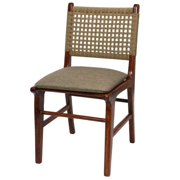 Silla Argelia de madera de pino con respaldo de celulosa natural y asiento tapizado, no apilable