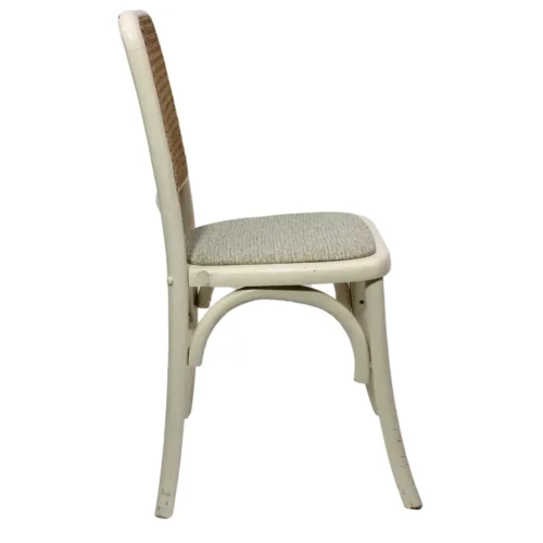 Silla Frida Tapizado de madera de pino con respaldo de bejuco sintético y asiento tapizado, apilable.