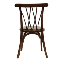 Silla Bistro de madera de pino, respaldo de mimbre natural, asiento tapizado en gris. Apilable, adecuada para interior.