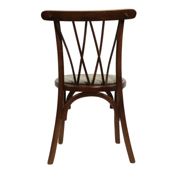 Silla Bistro de madera de pino, respaldo de mimbre natural, asiento tapizado en gris. Apilable, adecuada para interior.