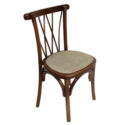 Silla Bistro de madera de pino, respaldo de mimbre natural, asiento tapizado en gris. Apilable, adecuada para interior.