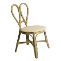 Silla Conejo hecha de madera de pino para niños, respaldo en forma de orejas de conejo con ratán sintético, asiento tapizado. Apilable, adecuada para interior.