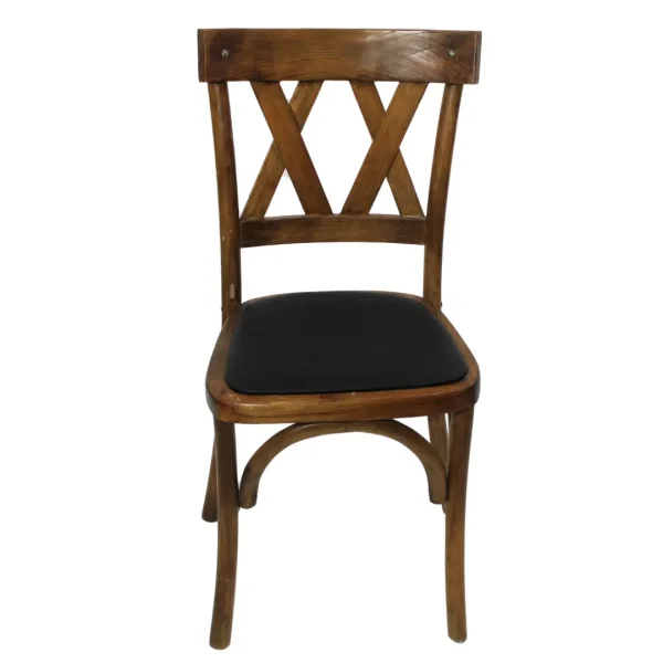 Silla Doble X de madera de pino con respaldo de doble cruceta y asiento tapizado, apilable.