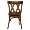 Silla Doble X de madera de pino con respaldo de doble cruceta y asiento tapizado, apilable.