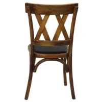 Silla Doble X de madera de pino con respaldo de doble cruceta y asiento tapizado, apilable.