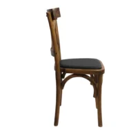 Silla Doble X de madera de pino con respaldo de doble cruceta y asiento tapizado, apilable.
