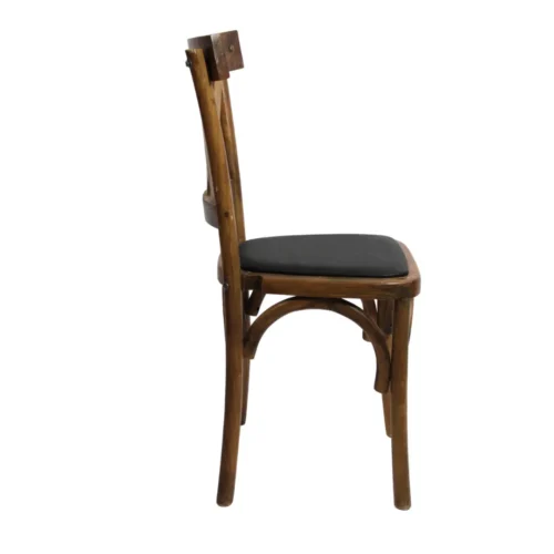 Silla Doble X de madera de pino con respaldo de doble cruceta y asiento tapizado, apilable.