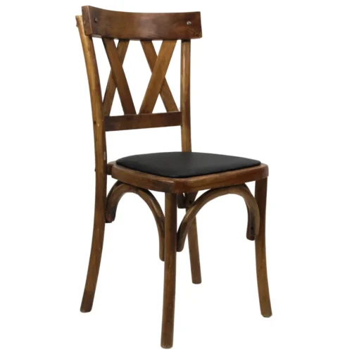 Silla Doble X de madera de pino con respaldo de doble cruceta y asiento tapizado, apilable.