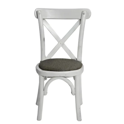 Silla infantil crossback de madera de pino para niños, respaldo con cruceta de madera, asiento tapizado. Apilable, adecuada para interior.