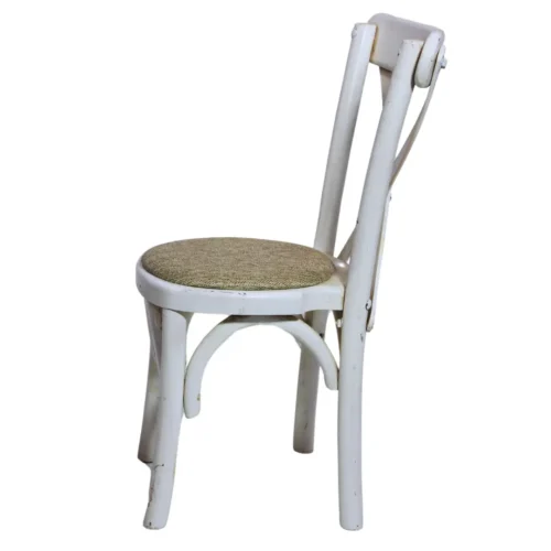 Silla infantil crossback de madera de pino para niños, respaldo con cruceta de madera, asiento tapizado. Apilable, adecuada para interior.