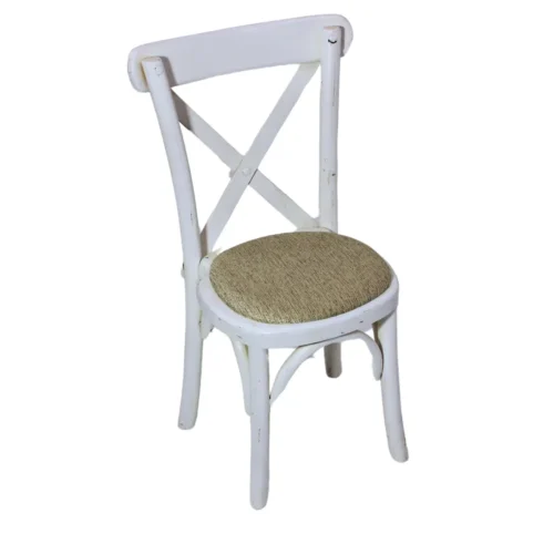 Silla infantil crossback de madera de pino para niños, respaldo con cruceta de madera, asiento tapizado. Apilable, adecuada para interior.