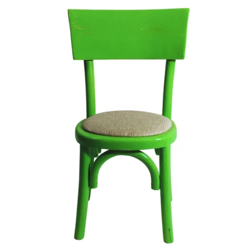 Silla Noback 02 infantil de madera de pino infantil, color verde, respaldo de madera, asiento tapizado en color beige, apilable, adecuada para interior.