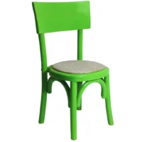Silla Novack infantil de madera de pino infantil, color verde, respaldo de madera, asiento tapizado en color beige, apilable, adecuada para interior.