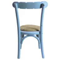 Silla Nube infantil de madera de pino infantil color celeste, respaldo en forma de nube, asiento tapizado en color beige, apilable, adecuada para interior.