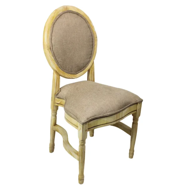 Silla Luis XV Tapizada de madera de pino, respaldo y asiento tapizados. Apilable, adecuada para interior.