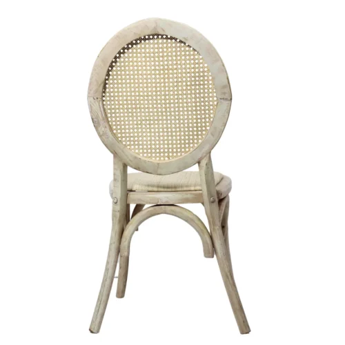 Silla Marian de madera de pino, respaldo de bejuco sintético, asiento tapizado en color beige, apilable, adecuada para interior.