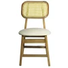 silla-madera-moli-1 Silla Moli de madera de pino, respaldo tejido de bejuco sintético, asiento tapizado en color blanco, no apilable, adecuada para interior.
