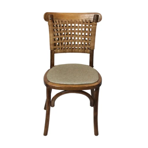 silla-madera-tejeda-1 Silla Tejeda de madera de pino con respaldo de ratán sintético y asiento tapizado, apilable.