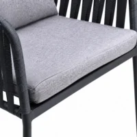 Silla Malibú metálica, de acero tubular, respaldo tejido en cinta de polipropileno, detalle asiento con cojín tapizado desmontable.