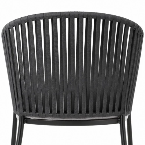 Silla Malibú metálica, de acero tubular, detalle respaldo tejido en cinta de polipropileno.