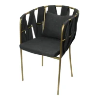 Silla Camila Redonda metálica, de acero tubular, respaldo tejido en tela, asiento de metal con cojín desmontable y tapizado. Apilable, adecuada para interior.