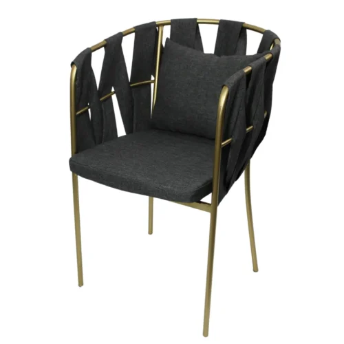 Silla Camila Redonda metálica, de acero tubular, respaldo tejido en tela, asiento de metal con cojín desmontable y tapizado. Apilable, adecuada para interior.