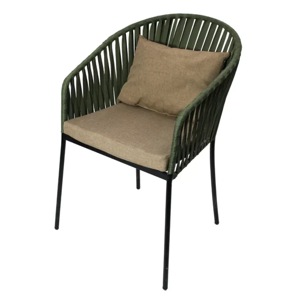 Silla Malibú metálica, de acero tubular, respaldo tejido en cinta de polipropileno, asiento de metal con cojín tapizado desmontable. Apilable, adecuada para interior.