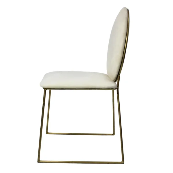 Silla Ovalo metálica, de varilla sólida con respaldo y asiento tapizados color blanco. Apilable, adecuada para interior.