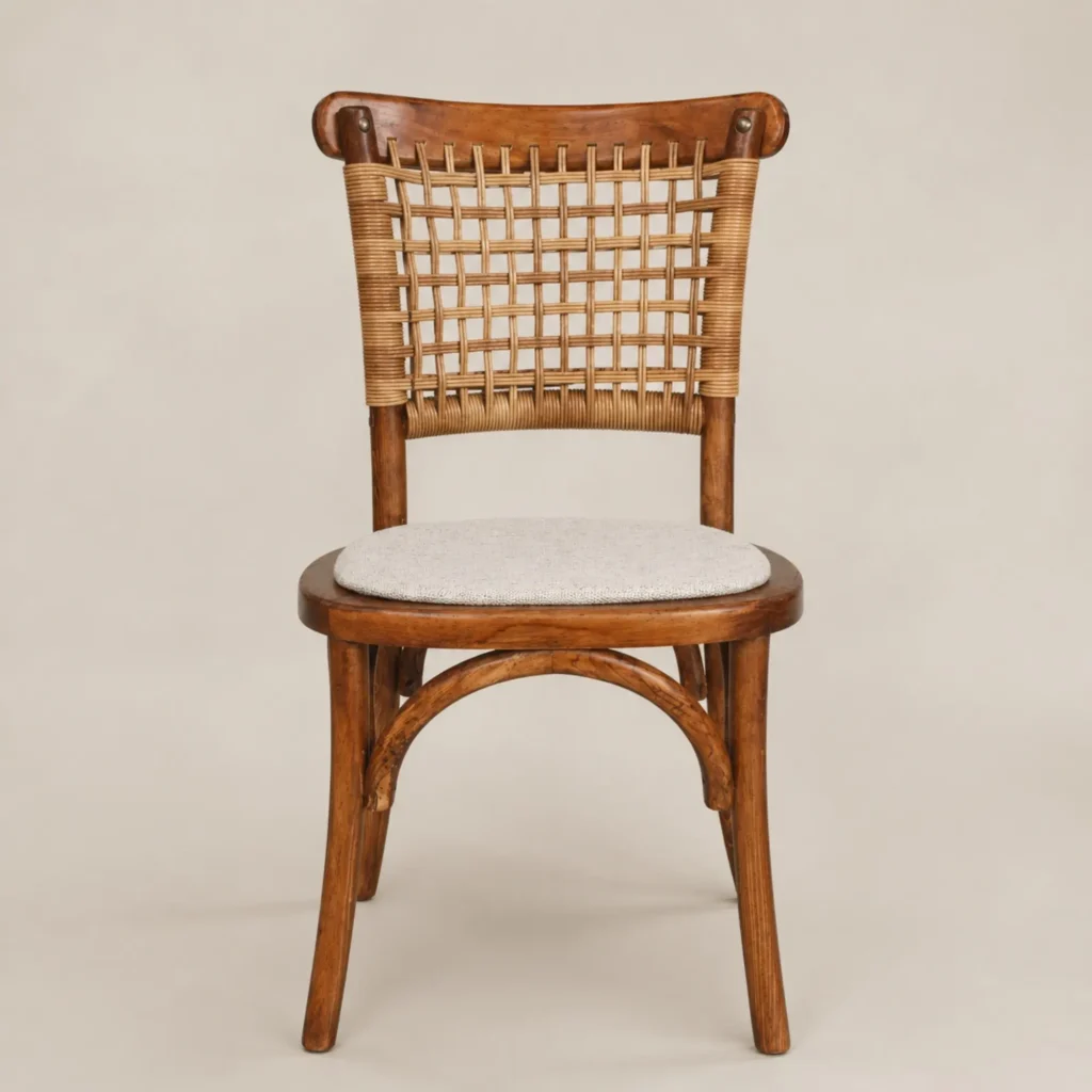 Silla Tejeda de madera de pino con respaldo de ratán sintético y asiento tapizado, apilable.