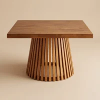 Mesa Bali para eventos, ideal para interior, con cubierta cuadrada de triplay de pino.