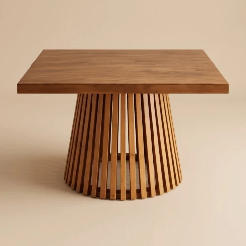 Mesa Bali para eventos, ideal para interior, con cubierta cuadrada de triplay de pino.