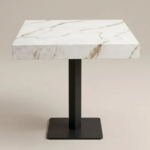 Mesa Base GBP, cubierta de melamina corte 45 grados y base de acero con pintura electroestática. Ideal para el sector Horeca.