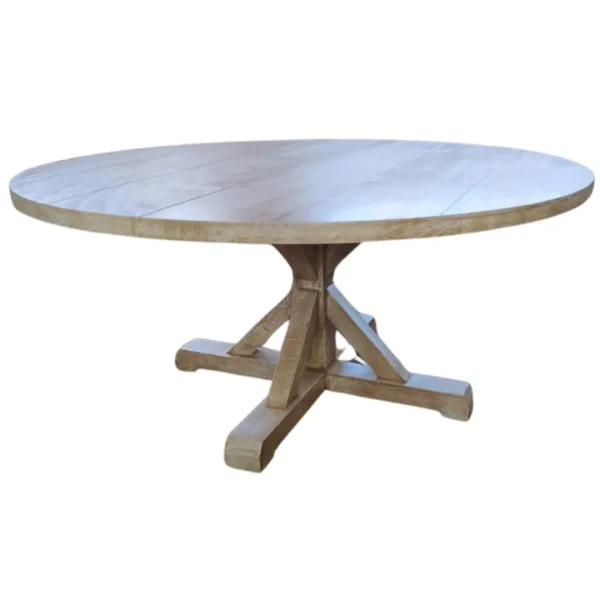 Mesa Eifel 01 de madera de pino con cubierta redonda. Ideal para eventos en interiores.