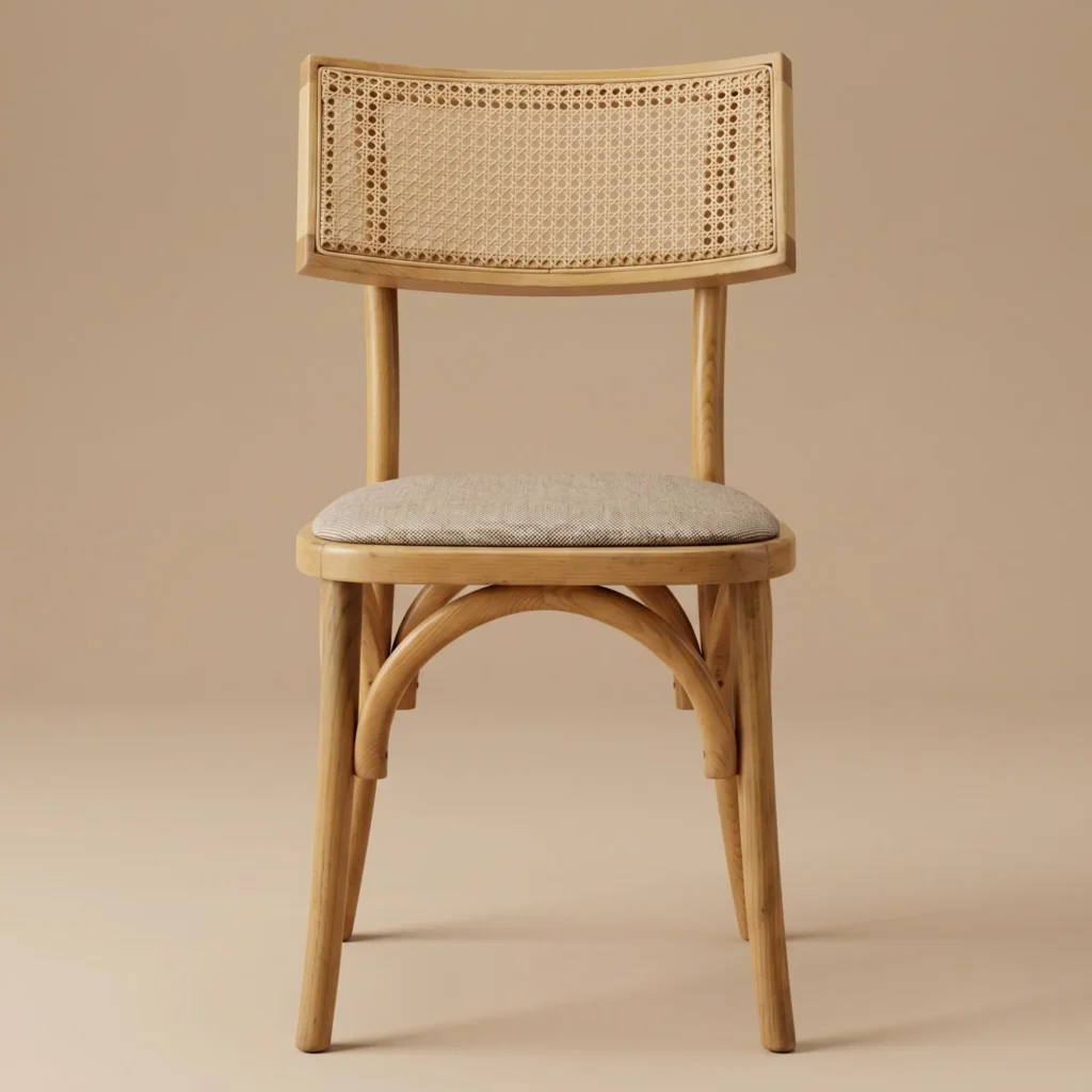 Silla Candy de madera de pino, respaldo rectangular de bejuco y asiento tapizado