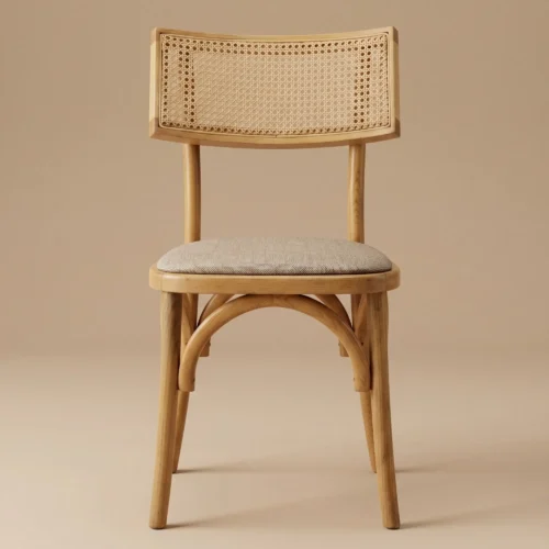Silla Candy de madera de pino, respaldo rectangular de bejuco y asiento tapizado