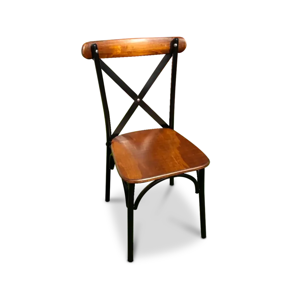 Silla Crossback de madera y estructura de metal para eventos y restaruantes